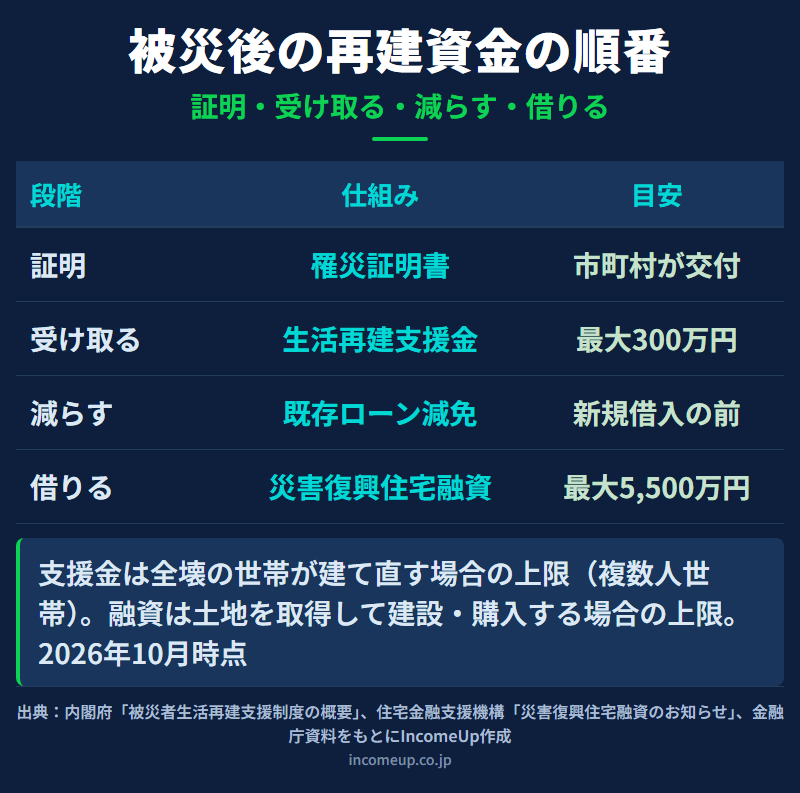 被災した住まいを再建するお金の順番を整理した図解。まず市町村から罹災証明書の交付を受け、返済不要の被災者生活再建支援金は最大300万円、既存の住宅ローンは新しく借りる前に自然災害債務整理ガイドラインでの減免を相談し、不足分は住宅金融支援機構の災害復興住宅融資で最大5,500万円まで借りられることを並べている