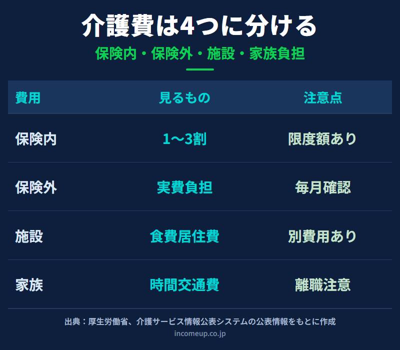 親の介護費を介護保険内、保険外費用、施設費用、家族負担の4つに分けて整理した図解