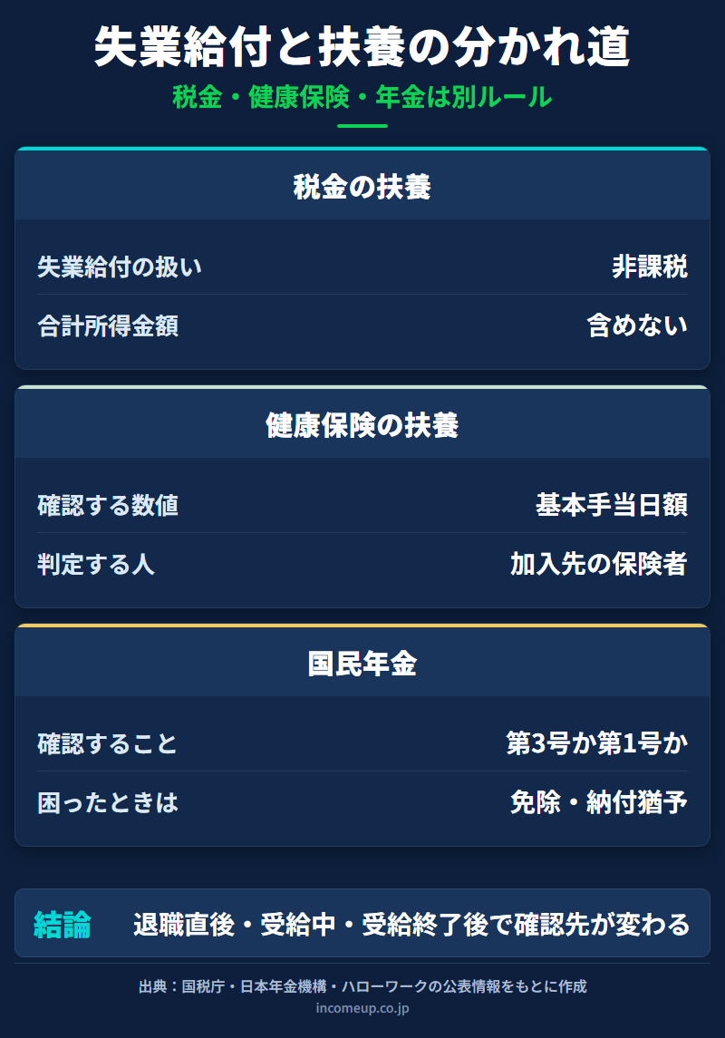 失業給付を受けるときの税金の扶養・健康保険の扶養・国民年金の違いを整理した図