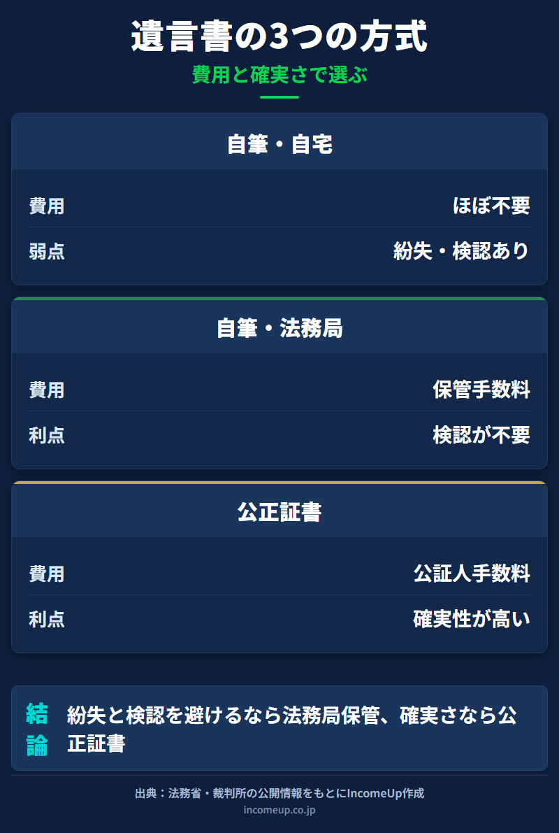 自筆証書遺言、法務局保管制度を使った自筆証書遺言、公正証書遺言の3つを費用・検認・紛失リスクで比較した図解